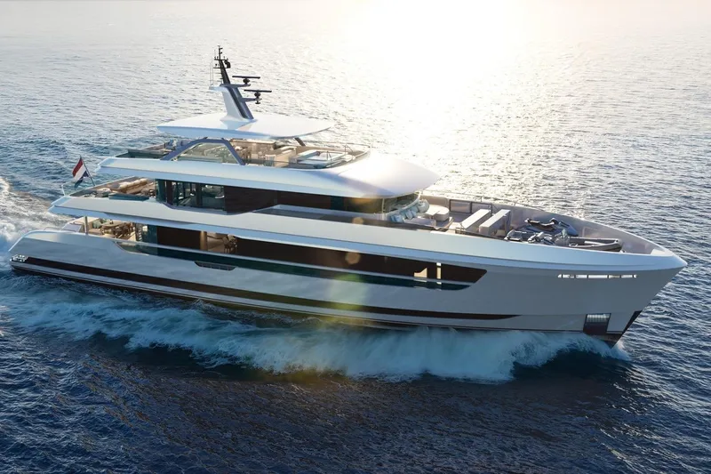 Moonen 133 Mallorca Yacht Photos Pics Luxurious 2027 Moonen 133-Mallorca yacht cruising on open sea at sunset.