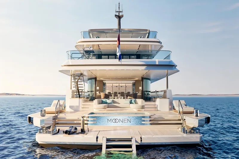 Moonen 133 Mallorca Yacht Photos Pics Luxurious 2027 Moonen 133-Mallorca yacht on serene ocean waters, showcasing elegant design.