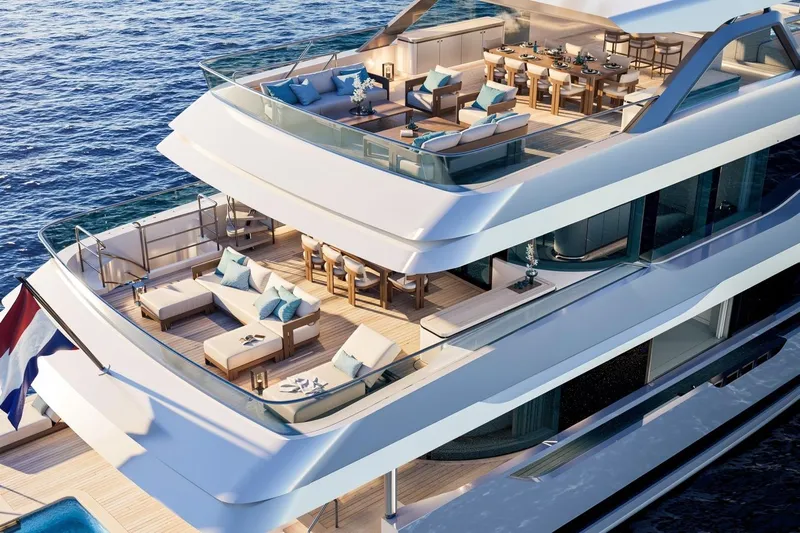 Moonen 133 Mallorca Yacht Photos Pics Luxurious 2027 Moonen 133-Mallorca yacht with elegant outdoor seating and dining areas.