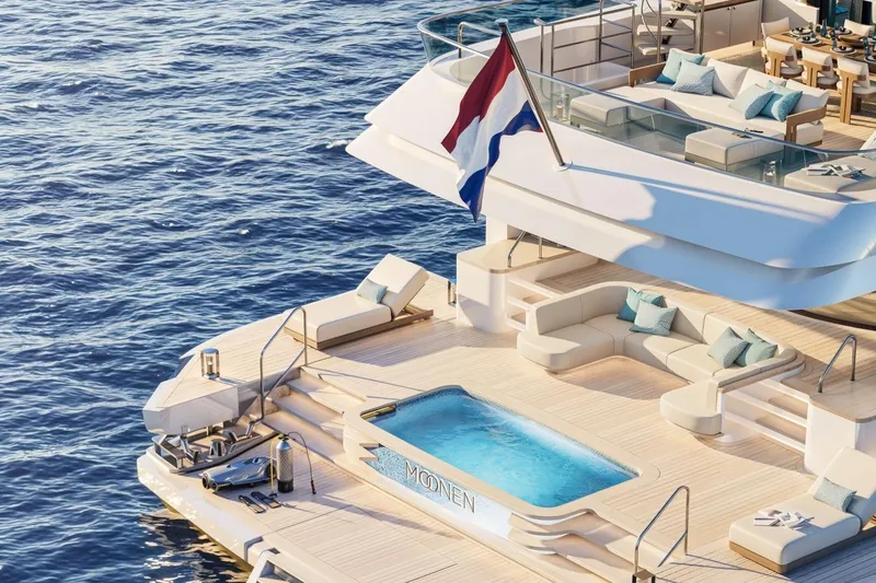 Moonen 133 Mallorca Yacht Photos Pics Luxurious 2027 Moonen 133-Mallorca yacht with pool and elegant deck seating.