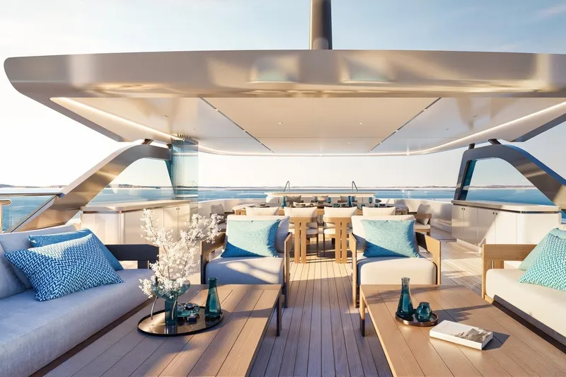 Moonen 133 Mallorca Yacht Photos Pics Luxurious 2027 Moonen 133-Mallorca yacht deck with elegant seating and ocean views.