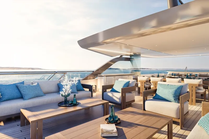 Moonen 133 Mallorca Yacht Photos Pics Luxurious deck of 2027 Moonen 133-Mallorca yacht with elegant seating and ocean view.