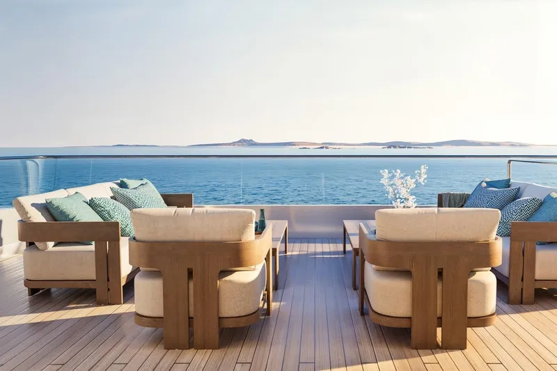 Moonen 133 Mallorca Yacht Photos Pics Luxurious deck of 2027 Moonen 133-Mallorca yacht with ocean view and elegant seating.