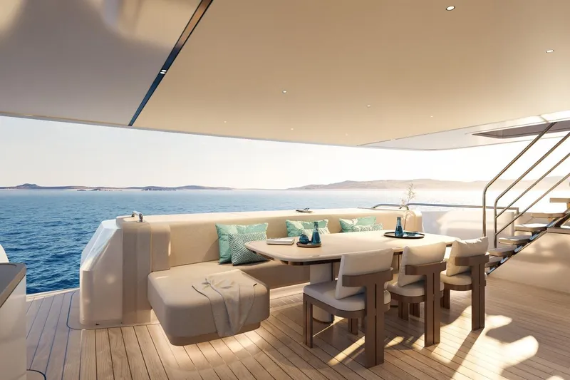 Moonen 133 Mallorca Yacht Photos Pics Luxurious Moonen 133-Mallorca yacht deck with elegant dining area, ocean view, 2027 model.