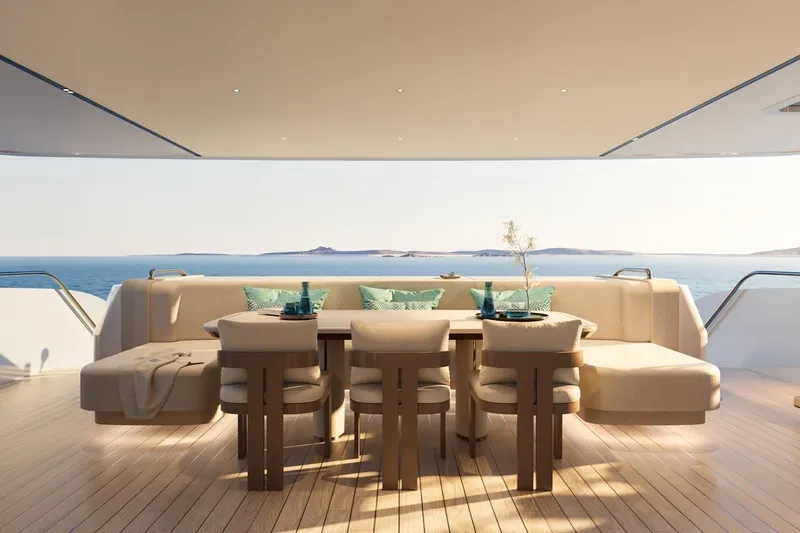 Moonen 133 Mallorca Yacht Photos Pics Luxurious dining area on 2027 Moonen 133-Mallorca yacht with ocean view.