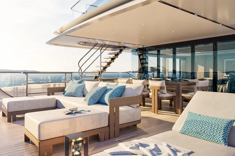 Moonen 133 Mallorca Yacht Photos Pics Luxurious deck of 2027 Moonen 133-Mallorca yacht with elegant seating and ocean view.