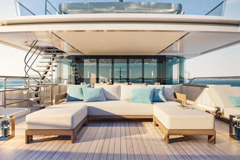 Moonen 133 Mallorca Yacht Photos Pics Luxurious 2027 Moonen 133-Mallorca yacht deck with modern seating and ocean view.
