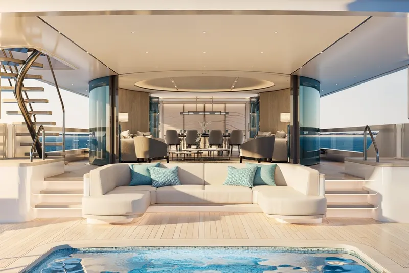 Moonen 133 Mallorca Yacht Photos Pics Luxurious Moonen 133-Mallorca yacht interior with elegant seating and pool, 2027 model.