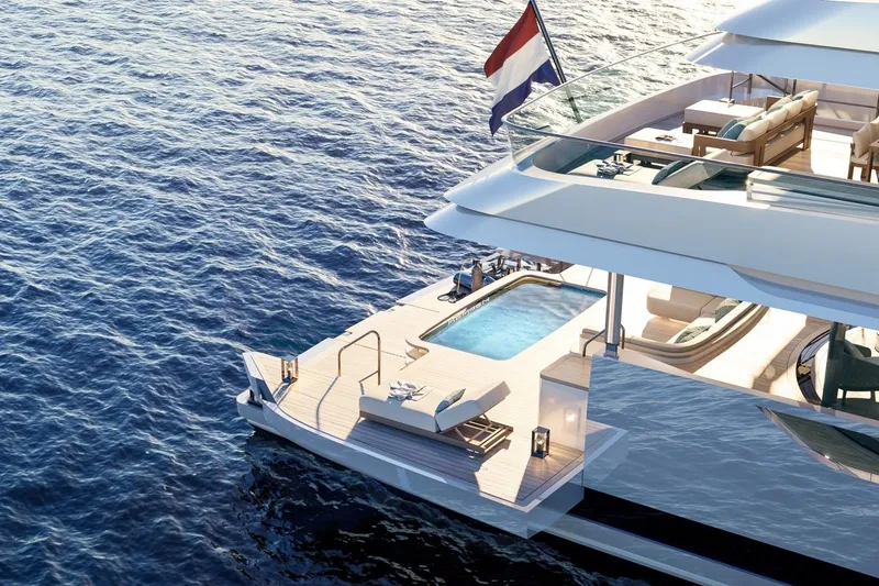 Moonen 133 Mallorca Yacht Photos Pics Luxurious 2027 Moonen 133-Mallorca yacht with pool and elegant deck on serene water.