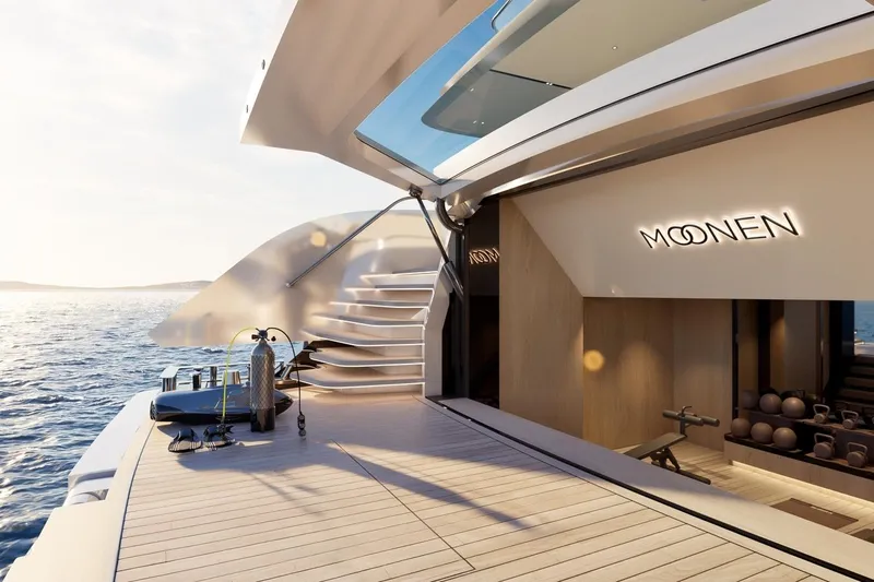 Moonen 133 Mallorca Yacht Photos Pics Luxurious 2027 Moonen 133-Mallorca yacht deck with ocean view and elegant design.