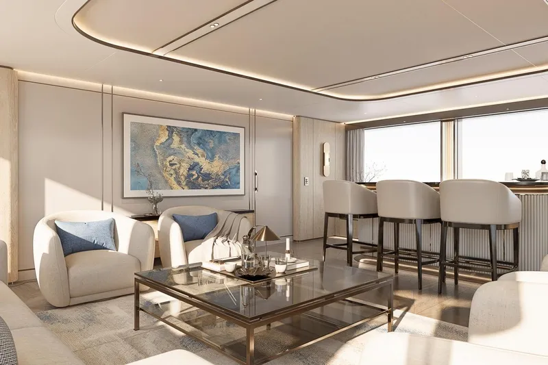 Moonen 133 Mallorca Yacht Photos Pics Luxurious interior of 2027 Moonen 133-Mallorca yacht with elegant seating and modern decor.