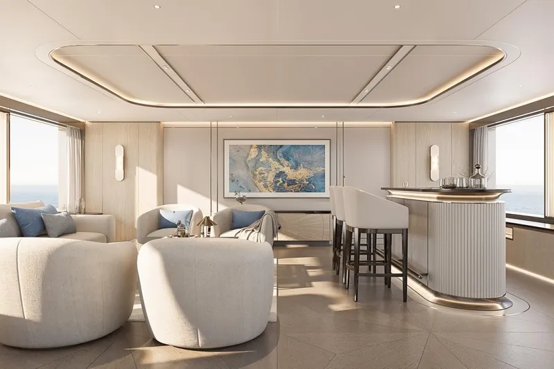 Moonen 133 Mallorca Yacht Photos Pics Luxurious interior of 2027 Moonen 133-Mallorca yacht with elegant seating and bar area.