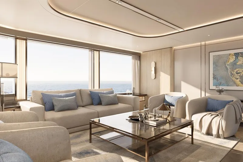 Moonen 133 Mallorca Yacht Photos Pics Luxurious interior of 2027 Moonen 133-Mallorca yacht with elegant seating and ocean view.