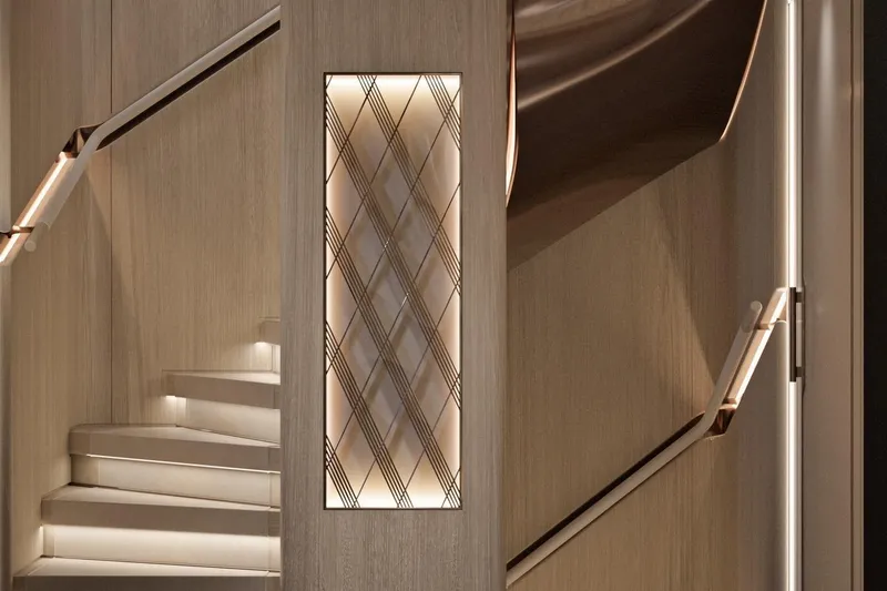 Moonen 133 Mallorca Yacht Photos Pics Luxurious interior staircase of 2027 Moonen 133-Mallorca yacht, featuring elegant lighting and design.