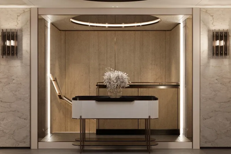 Moonen 133 Mallorca Yacht Photos Pics Luxurious interior of 2027 Moonen 133-Mallorca yacht with elegant decor and modern lighting.