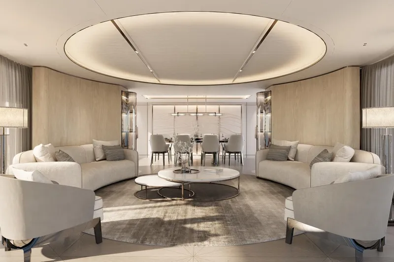 Moonen 133 Mallorca Yacht Photos Pics Luxurious interior of 2027 Moonen 133-Mallorca yacht with elegant seating and modern decor.