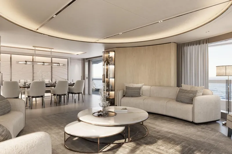 Moonen 133 Mallorca Yacht Photos Pics Luxurious interior of 2027 Moonen 133-Mallorca yacht with elegant dining and seating area.