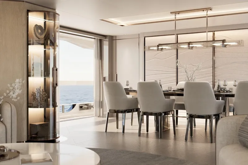 Moonen 133 Mallorca Yacht Photos Pics Luxurious dining area on Moonen 133-Mallorca yacht, 2027 model, with ocean view.