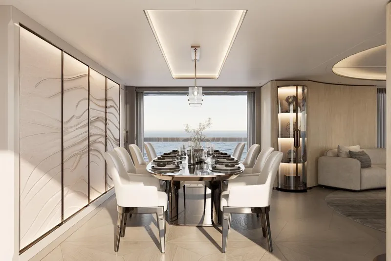 Moonen 133 Mallorca Yacht Photos Pics Luxurious dining area on 2027 Moonen 133-Mallorca yacht, featuring elegant decor and ocean views.