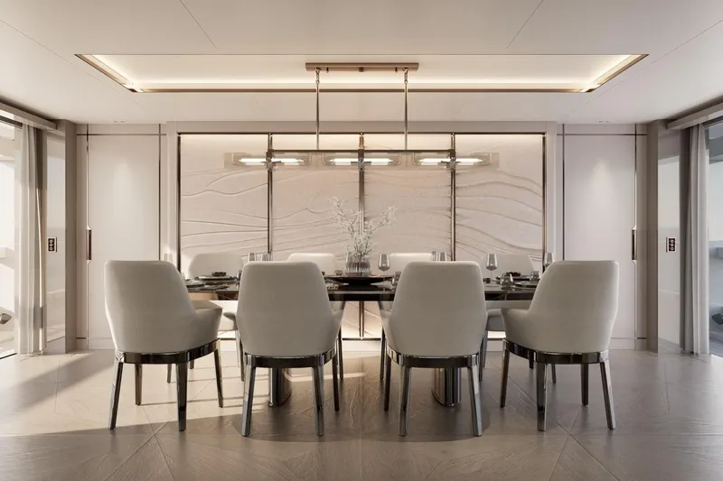 Moonen 133 Mallorca Yacht Photos Pics Luxurious dining area on Moonen 133-Mallorca yacht, featuring elegant chairs and modern decor, 2027 model.