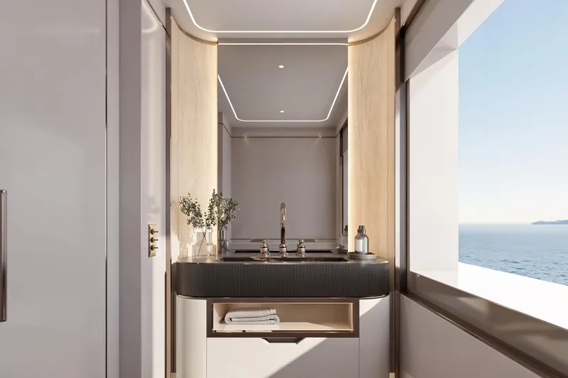 Moonen 133 Mallorca Yacht Photos Pics Luxurious bathroom interior on Moonen 133-Mallorca yacht, 2027, with ocean view.