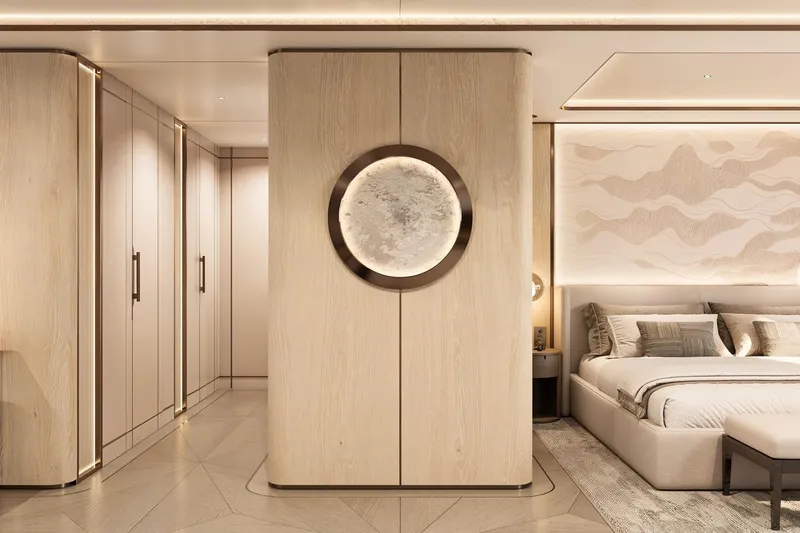 Moonen 133 Mallorca Yacht Photos Pics Luxurious interior of 2027 Moonen 133-Mallorca yacht bedroom with modern design elements.