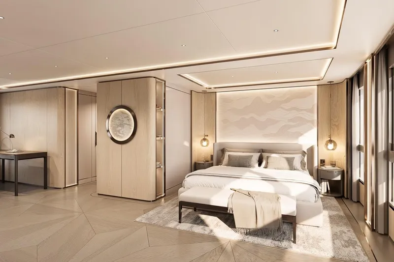 Moonen 133 Mallorca Yacht Photos Pics Luxurious bedroom interior of 2027 Moonen 133-Mallorca yacht, featuring modern design and elegant furnishings.