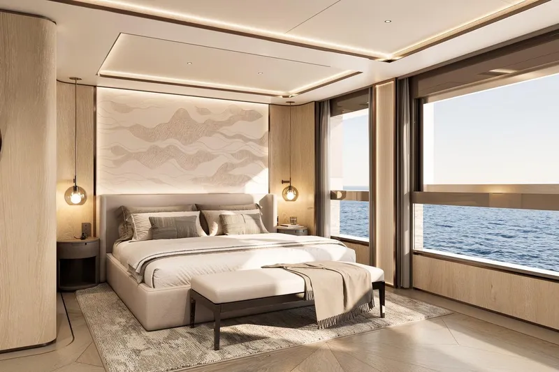 Moonen 133 Mallorca Yacht Photos Pics Luxurious bedroom interior on Moonen 133-Mallorca yacht, 2027, with ocean view.