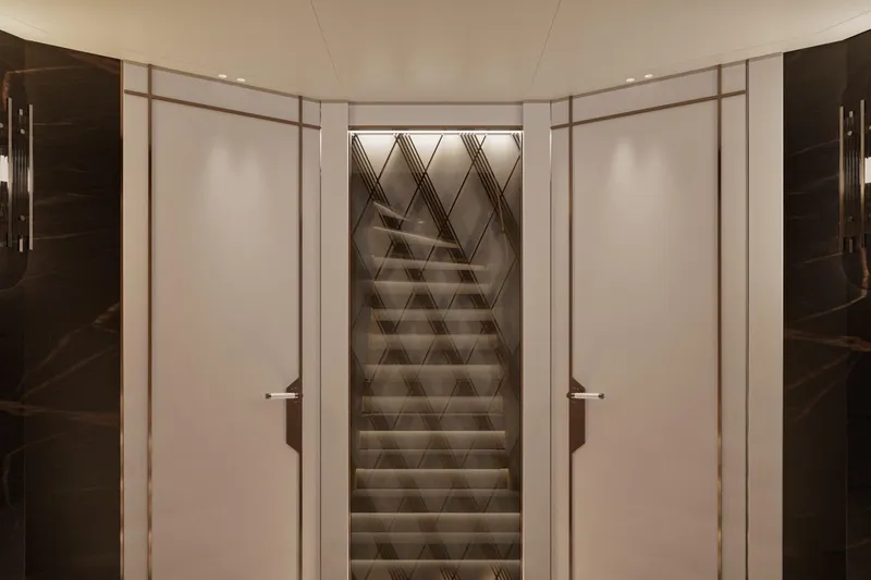 Moonen 133 Mallorca Yacht Photos Pics Luxurious interior of 2027 Moonen 133-Mallorca yacht with elegant staircase design.