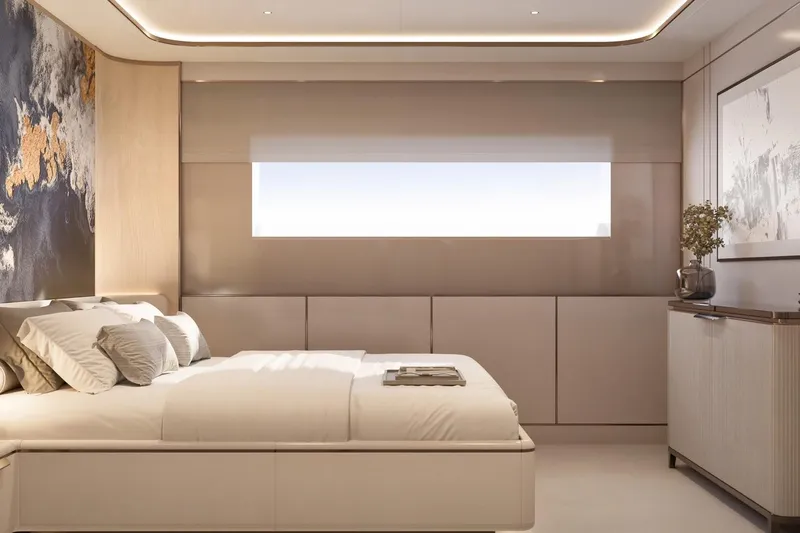 Moonen 133 Mallorca Yacht Photos Pics Luxurious bedroom interior on Moonen 133-Mallorca yacht, 2027 model, featuring elegant decor and modern design.