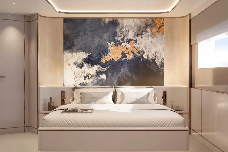 Moonen 133 Mallorca Yacht Photos Pics Luxurious bedroom interior on Moonen 133-Mallorca yacht, featuring elegant decor and modern art, 2027.