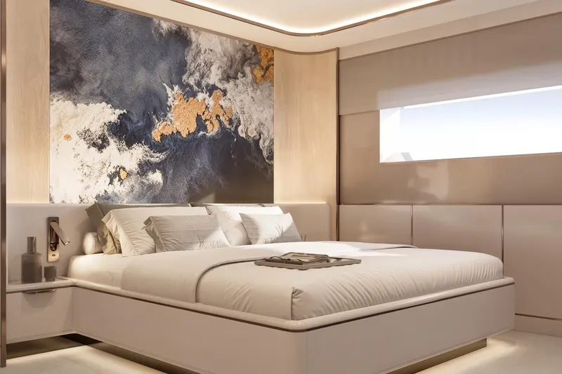 Moonen 133 Mallorca Yacht Photos Pics Luxurious bedroom interior on Moonen 133-Mallorca yacht, 2027 model, featuring elegant decor and modern design.