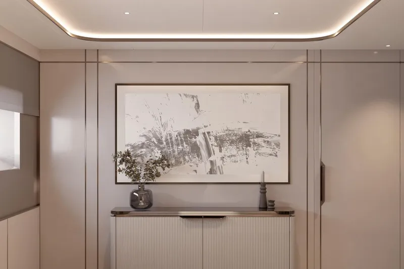 Moonen 133 Mallorca Yacht Photos Pics Luxurious interior of 2027 Moonen 133-Mallorca yacht with abstract art and elegant decor.