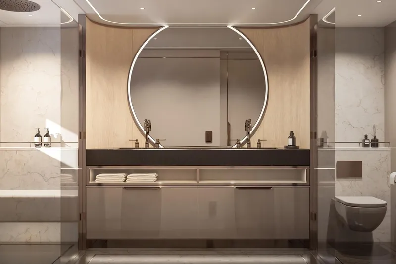 Moonen 133 Mallorca Yacht Photos Pics Luxurious bathroom interior of Moonen 133-Mallorca yacht, featuring modern design and elegant fixtures, 2027.