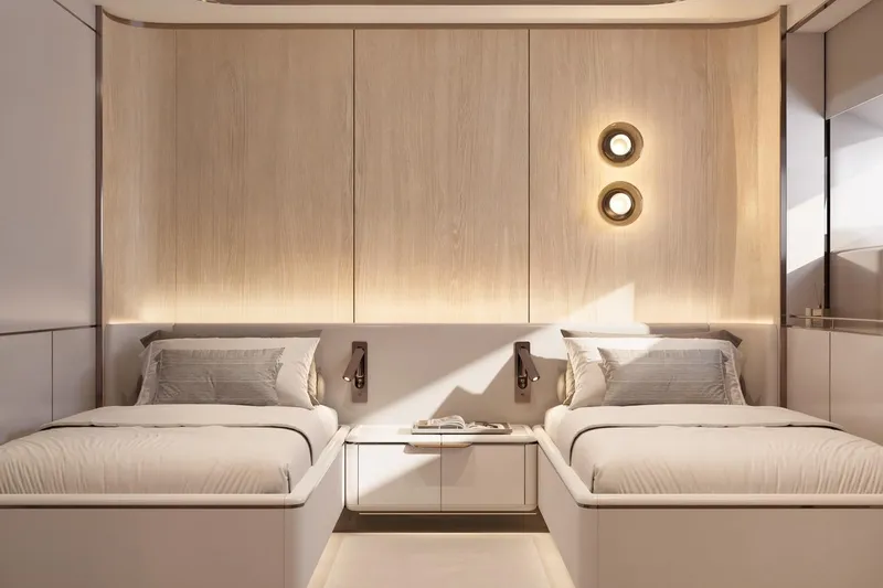 Moonen 133 Mallorca Yacht Photos Pics Luxurious twin bedroom on Moonen 133-Mallorca yacht, 2027 model, featuring modern design and ambient lighting.