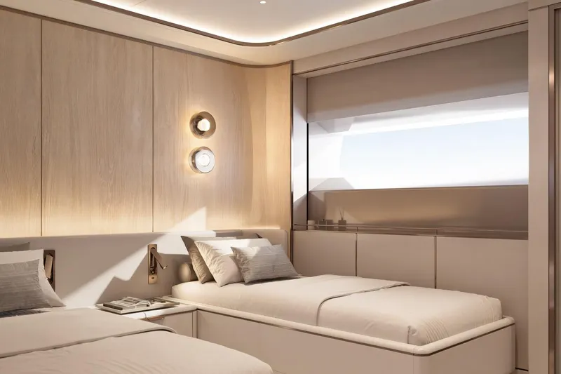 Moonen 133 Mallorca Yacht Photos Pics Luxurious interior of 2027 Moonen 133-Mallorca yacht with twin beds and modern decor.