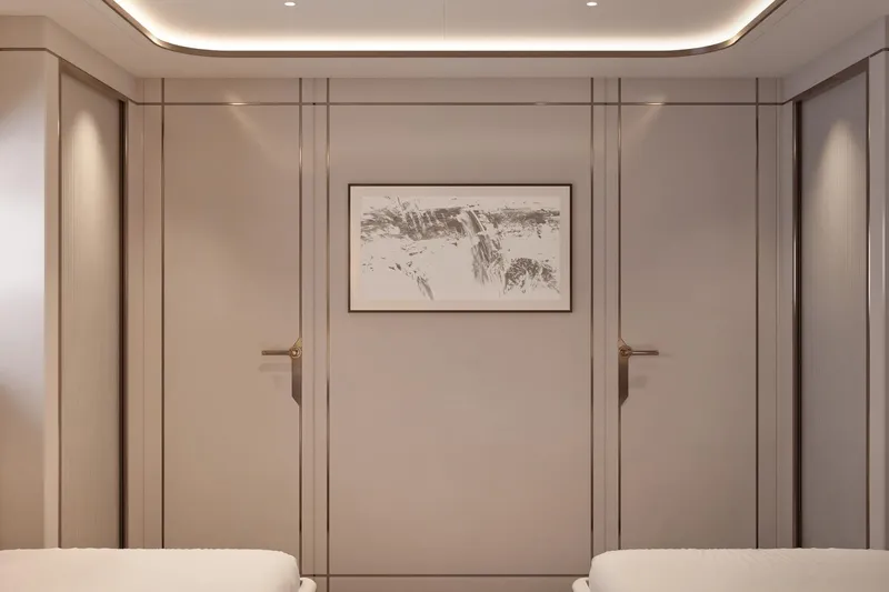 Moonen 133 Mallorca Yacht Photos Pics Luxurious interior of 2027 Moonen 133-Mallorca yacht with elegant wall art.