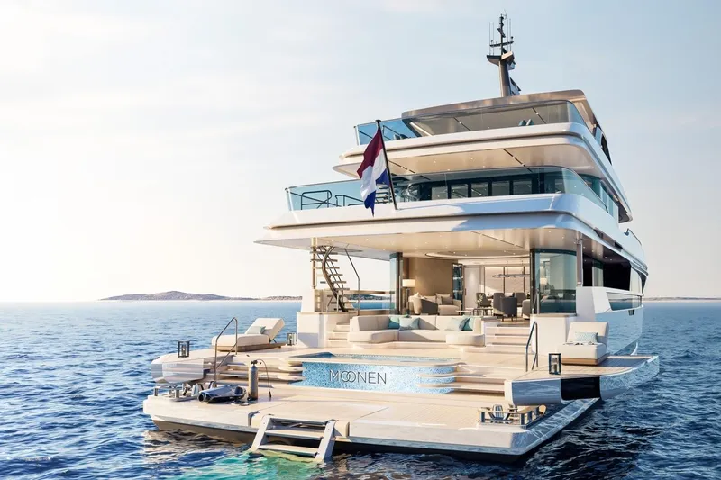 Moonen 133 Mallorca Yacht Photos Pics Luxurious 2027 Moonen 133-Mallorca yacht on serene ocean waters.