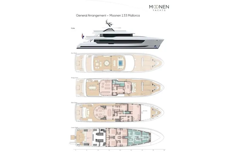 Moonen 133 Mallorca Yacht Photos Pics General arrangement of Moonen 133-Mallorca yacht, 2027 model, showing profile and deck layouts.