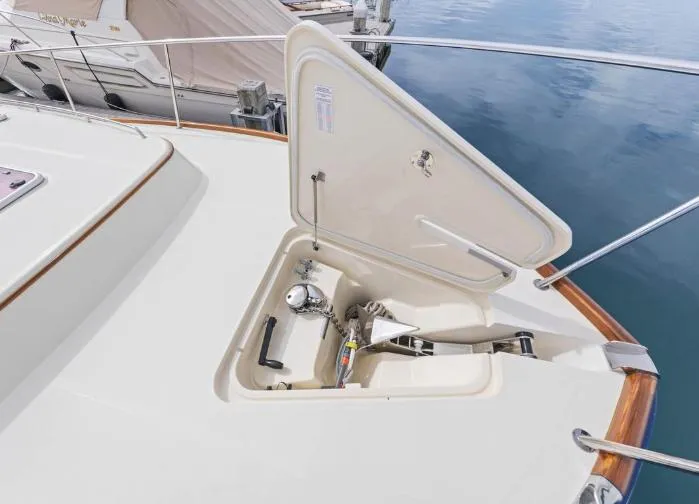 Ruckus Yacht Photos Pics 2009 Hinckley Talaria 44 MY yacht deck with open hatch and equipment.