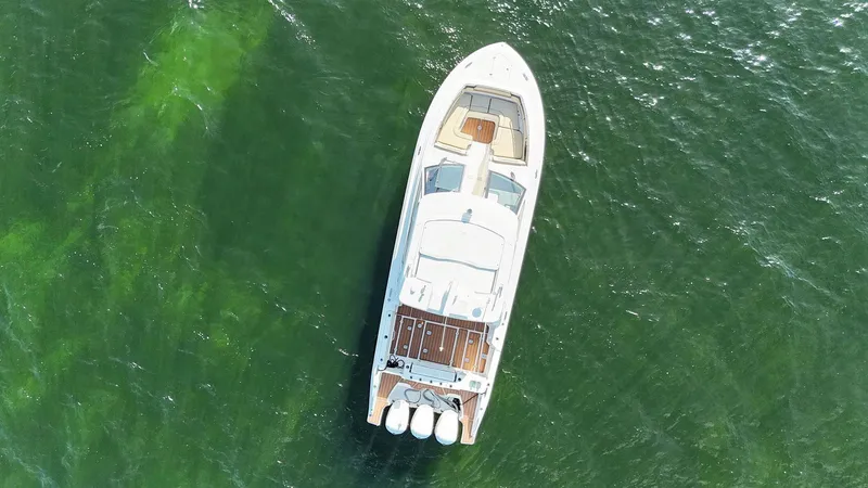 Lady B Yacht Photos Pics Aerial view of 2019 Pursuit 365 Dual Console boat on green water.