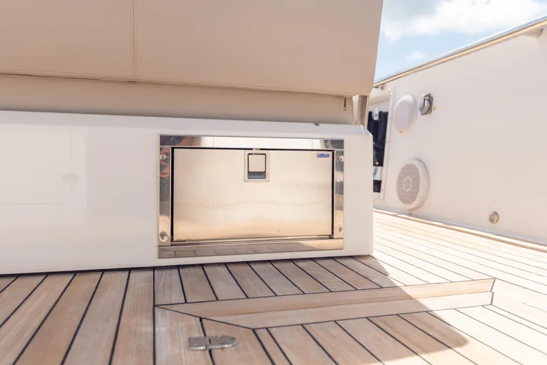 Tramonto Yacht Photos Pics Luxury deck of 2021 Fjord 40 Open yacht with built-in storage.