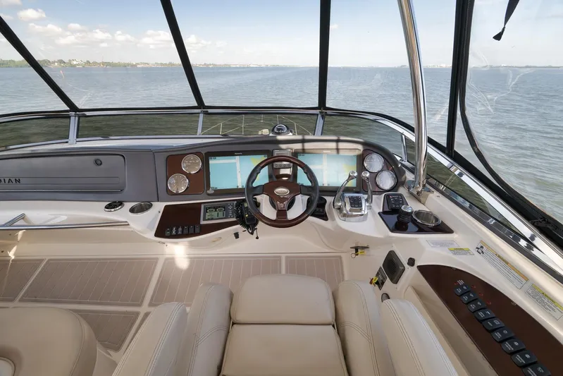  Yacht Photos Pics 2012 Meridian 441 Sedan helm with modern navigation controls and panoramic water view.