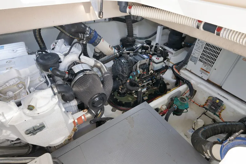  Yacht Photos Pics Engine room of a 2012 Meridian 441 Sedan yacht, showcasing mechanical components.