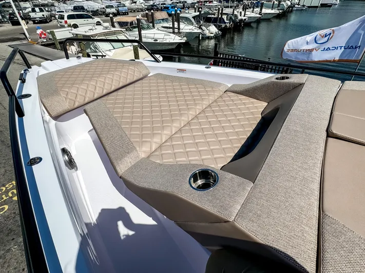  Yacht Photos Pics Luxurious seating on 2025 Axopar 37XC CROSS CABIN BRABUS Trim at marina.