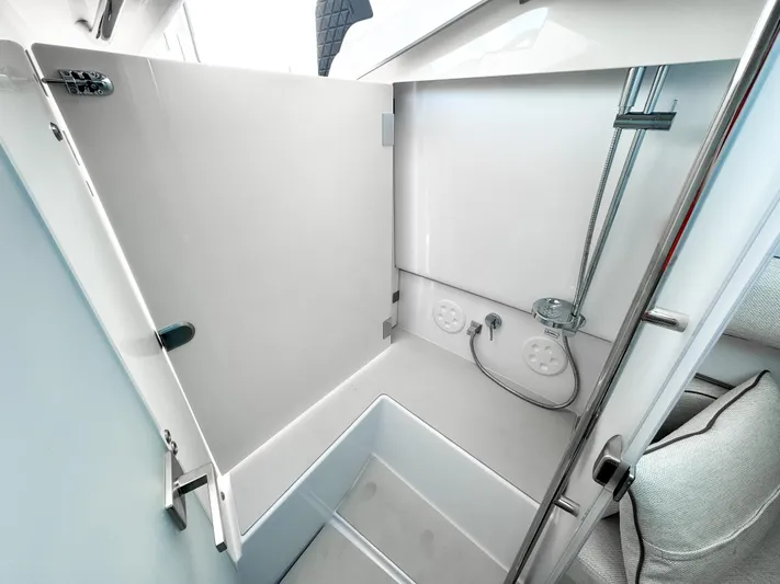  Yacht Photos Pics Interior shower of 2025 Axopar 37XC CROSS CABIN BRABUS Trim, featuring modern design and fixtures.