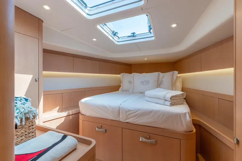 Nehalennia Yacht Photos Pics Luxurious cabin interior of 2018 Nautor Swan 54 yacht with skylight and cozy bedding.
