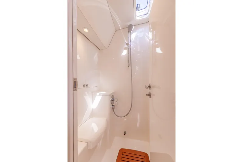 Nehalennia Yacht Photos Pics Luxurious bathroom in 2018 Nautor Swan 54 yacht with modern shower design.