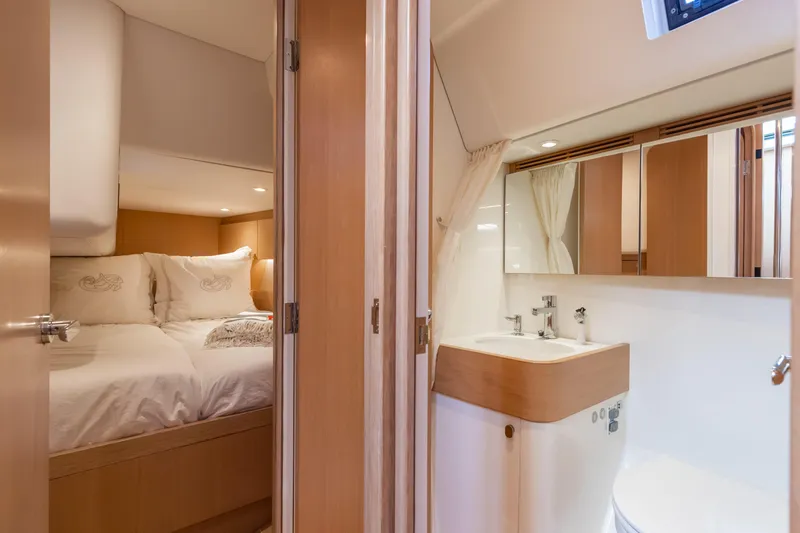 Nehalennia Yacht Photos Pics Luxurious cabin and bathroom interior of 2018 Nautor Swan 54 yacht.