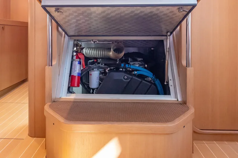Nehalennia Yacht Photos Pics Engine compartment of 2018 Nautor Swan 54 yacht with fire extinguisher and ventilation system.